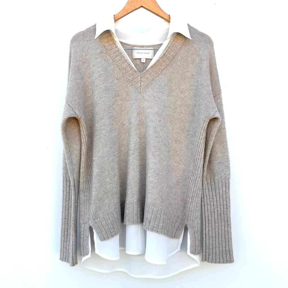 Brochu Walker Tatum V-Neck Looker Layered Cashmere Collared Sweater Large Tan - Picture 2 of 9
